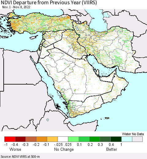 Middle East and Turkey NDVI Departure from Previous Year (VIIRS) Thematic Map For 11/1/2022 - 11/8/2022