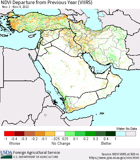 Middle East and Turkey NDVI Departure from Previous Year (VIIRS) Thematic Map For 11/1/2022 - 11/10/2022