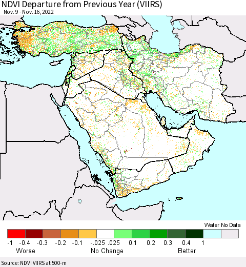 Middle East and Turkey NDVI Departure from Previous Year (VIIRS) Thematic Map For 11/9/2022 - 11/16/2022