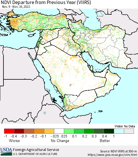 Middle East and Turkey NDVI Departure from Previous Year (VIIRS) Thematic Map For 11/11/2022 - 11/20/2022