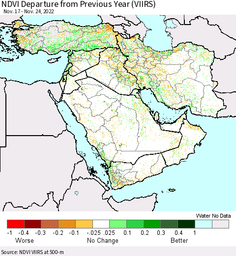 Middle East and Turkey NDVI Departure from Previous Year (VIIRS) Thematic Map For 11/17/2022 - 11/24/2022