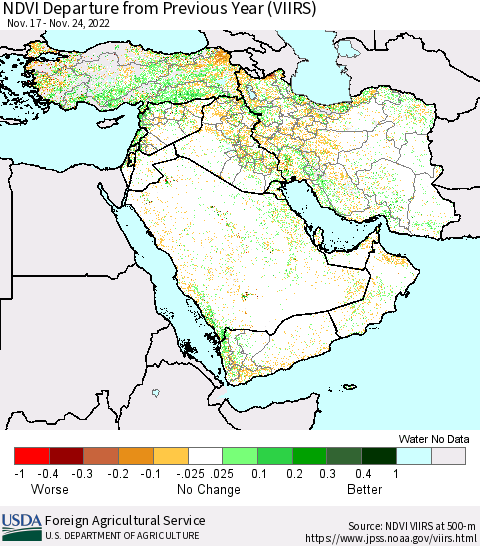 Middle East and Turkey NDVI Departure from Previous Year (VIIRS) Thematic Map For 11/21/2022 - 11/30/2022