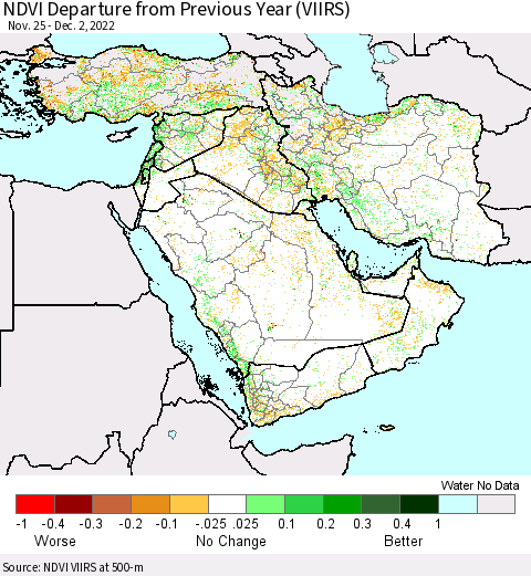 Middle East and Turkey NDVI Departure from Previous Year (VIIRS) Thematic Map For 11/25/2022 - 12/2/2022