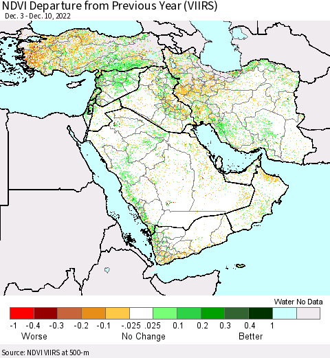 Middle East and Turkey NDVI Departure from Previous Year (VIIRS) Thematic Map For 12/1/2022 - 12/10/2022