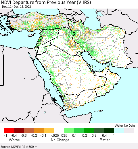 Middle East and Turkey NDVI Departure from Previous Year (VIIRS) Thematic Map For 12/11/2022 - 12/18/2022