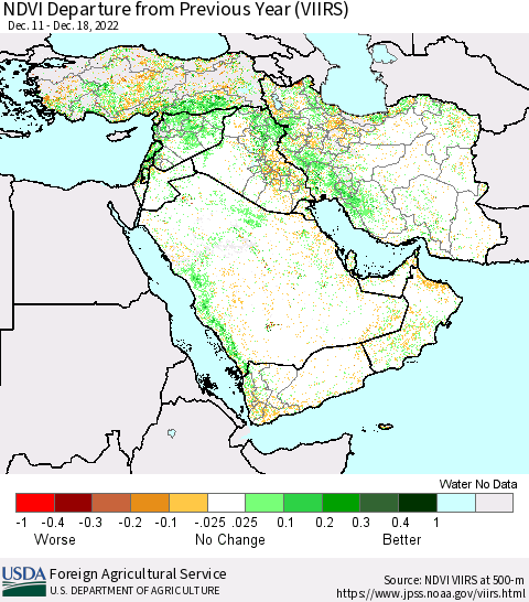 Middle East and Turkey NDVI Departure from Previous Year (VIIRS) Thematic Map For 12/11/2022 - 12/20/2022