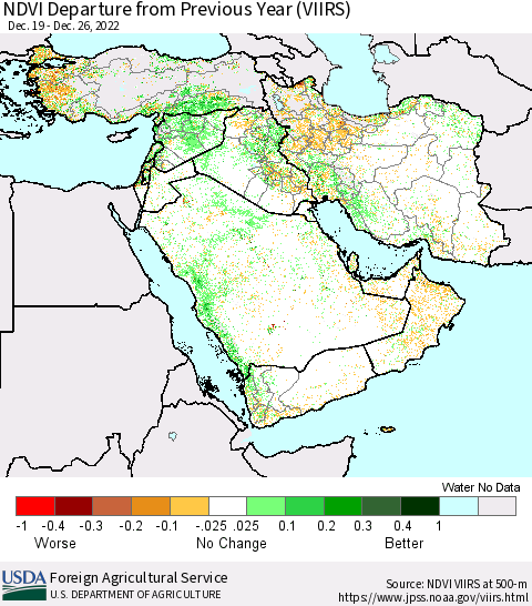 Middle East and Turkey NDVI Departure from Previous Year (VIIRS) Thematic Map For 12/21/2022 - 12/31/2022