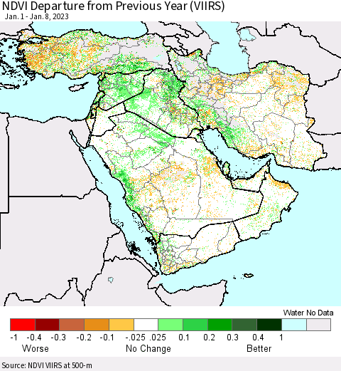 Middle East and Turkey NDVI Departure from Previous Year (VIIRS) Thematic Map For 1/1/2023 - 1/8/2023