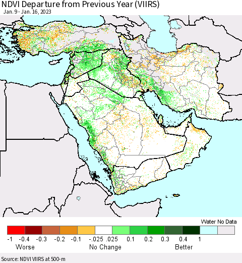 Middle East and Turkey NDVI Departure from Previous Year (VIIRS) Thematic Map For 1/9/2023 - 1/16/2023