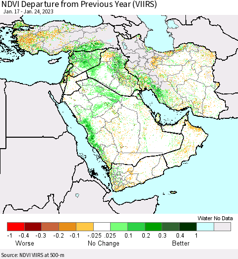 Middle East and Turkey NDVI Departure from Previous Year (VIIRS) Thematic Map For 1/17/2023 - 1/24/2023