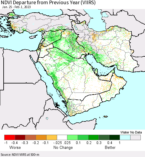 Middle East and Turkey NDVI Departure from Previous Year (VIIRS) Thematic Map For 1/25/2023 - 2/1/2023