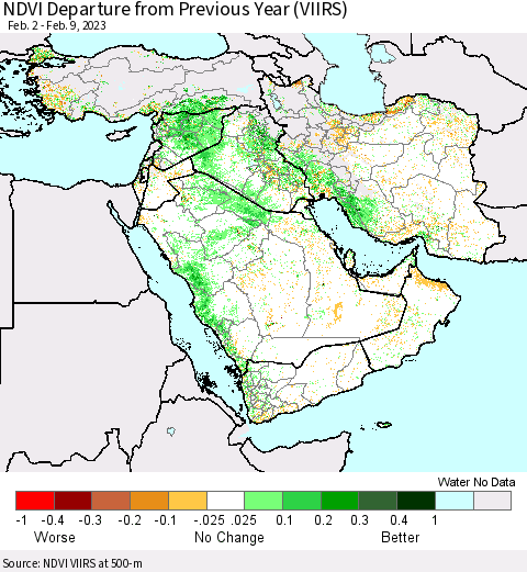 Middle East and Turkey NDVI Departure from Previous Year (VIIRS) Thematic Map For 2/2/2023 - 2/9/2023