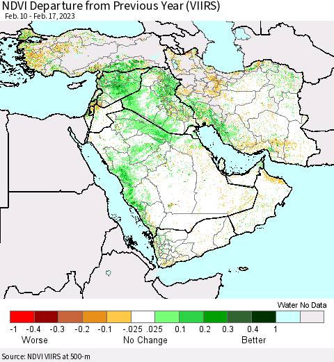 Middle East and Turkey NDVI Departure from Previous Year (VIIRS) Thematic Map For 2/10/2023 - 2/17/2023