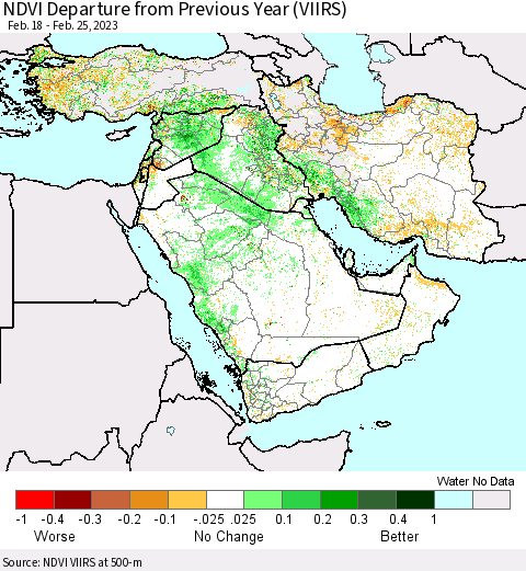 Middle East and Turkey NDVI Departure from Previous Year (VIIRS) Thematic Map For 2/18/2023 - 2/25/2023