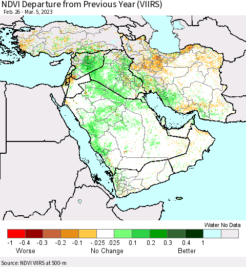 Middle East and Turkey NDVI Departure from Previous Year (VIIRS) Thematic Map For 2/26/2023 - 3/5/2023