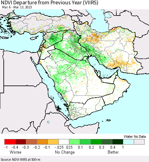 Middle East and Turkey NDVI Departure from Previous Year (VIIRS) Thematic Map For 3/6/2023 - 3/13/2023