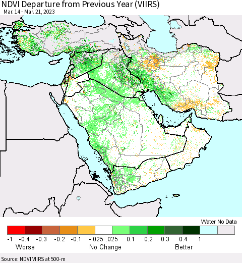 Middle East and Turkey NDVI Departure from Previous Year (VIIRS) Thematic Map For 3/14/2023 - 3/21/2023