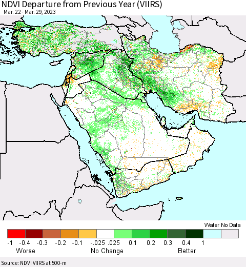 Middle East and Turkey NDVI Departure from Previous Year (VIIRS) Thematic Map For 3/22/2023 - 3/29/2023