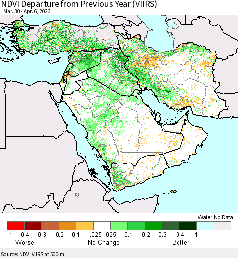 Middle East and Turkey NDVI Departure from Previous Year (VIIRS) Thematic Map For 3/30/2023 - 4/6/2023
