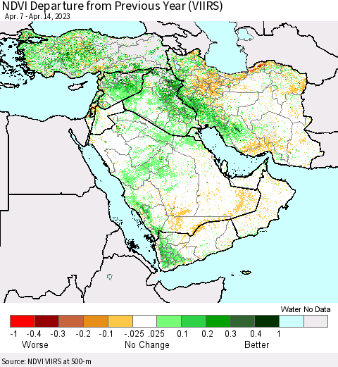 Middle East and Turkey NDVI Departure from Previous Year (VIIRS) Thematic Map For 4/7/2023 - 4/14/2023