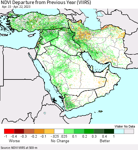 Middle East and Turkey NDVI Departure from Previous Year (VIIRS) Thematic Map For 4/15/2023 - 4/22/2023