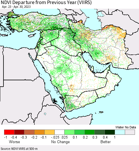 Middle East and Turkey NDVI Departure from Previous Year (VIIRS) Thematic Map For 4/23/2023 - 4/30/2023