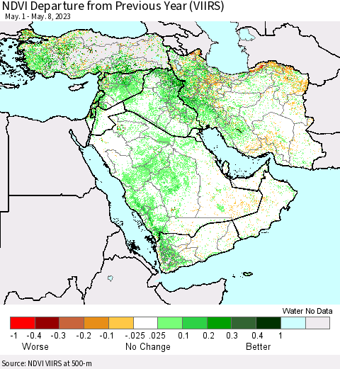 Middle East and Turkey NDVI Departure from Previous Year (VIIRS) Thematic Map For 5/1/2023 - 5/8/2023