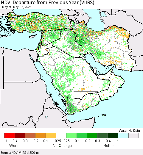 Middle East and Turkey NDVI Departure from Previous Year (VIIRS) Thematic Map For 5/9/2023 - 5/16/2023