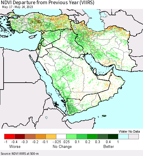 Middle East and Turkey NDVI Departure from Previous Year (VIIRS) Thematic Map For 5/17/2023 - 5/24/2023