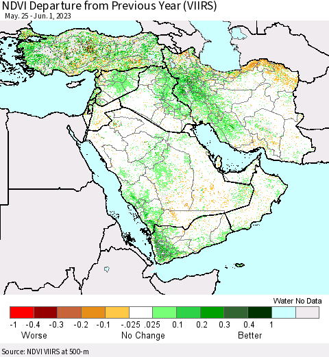 Middle East and Turkey NDVI Departure from Previous Year (VIIRS) Thematic Map For 5/25/2023 - 6/1/2023