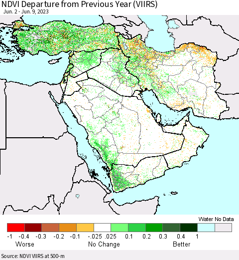 Middle East and Turkey NDVI Departure from Previous Year (VIIRS) Thematic Map For 6/2/2023 - 6/9/2023