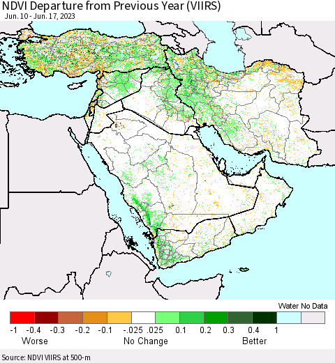 Middle East and Turkey NDVI Departure from Previous Year (VIIRS) Thematic Map For 6/10/2023 - 6/17/2023