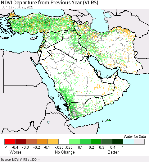 Middle East and Turkey NDVI Departure from Previous Year (VIIRS) Thematic Map For 6/18/2023 - 6/25/2023