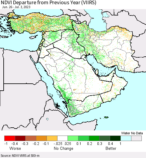 Middle East and Turkey NDVI Departure from Previous Year (VIIRS) Thematic Map For 6/26/2023 - 7/3/2023