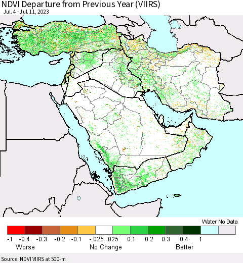 Middle East and Turkey NDVI Departure from Previous Year (VIIRS) Thematic Map For 7/4/2023 - 7/11/2023