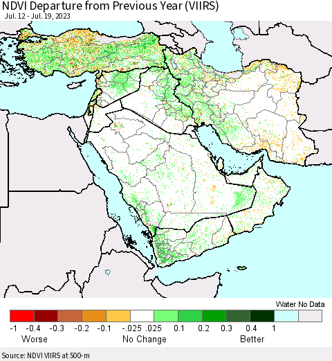Middle East and Turkey NDVI Departure from Previous Year (VIIRS) Thematic Map For 7/12/2023 - 7/19/2023
