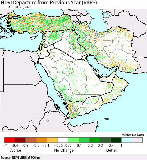 Middle East and Turkey NDVI Departure from Previous Year (VIIRS) Thematic Map For 7/20/2023 - 7/27/2023