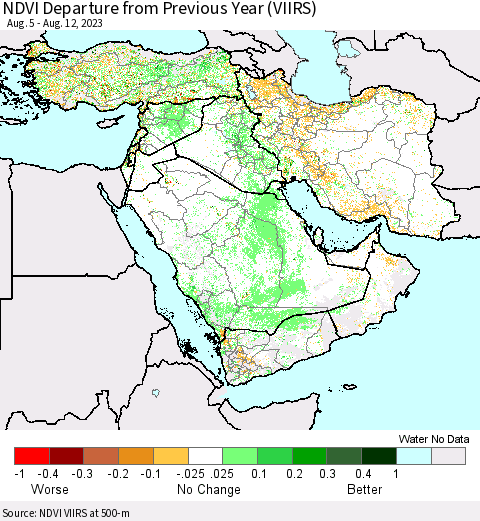 Middle East and Turkey NDVI Departure from Previous Year (VIIRS) Thematic Map For 8/5/2023 - 8/12/2023