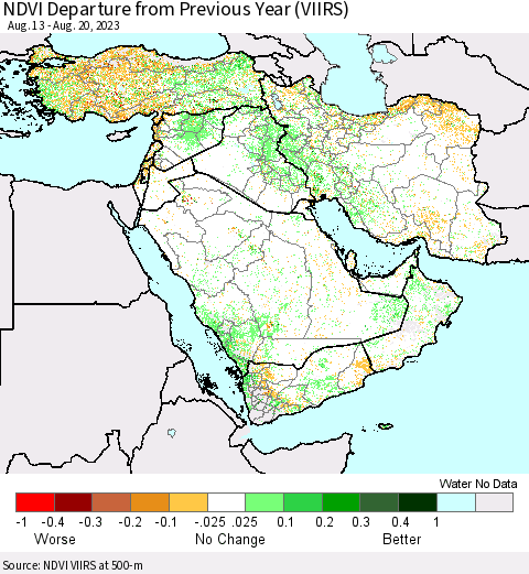 Middle East and Turkey NDVI Departure from Previous Year (VIIRS) Thematic Map For 8/13/2023 - 8/20/2023