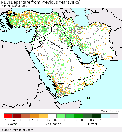 Middle East and Turkey NDVI Departure from Previous Year (VIIRS) Thematic Map For 8/21/2023 - 8/28/2023
