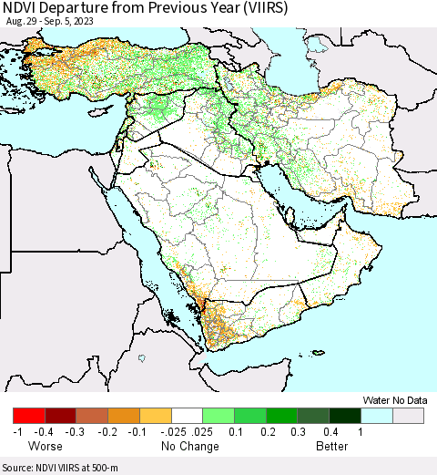 Middle East and Turkey NDVI Departure from Previous Year (VIIRS) Thematic Map For 8/29/2023 - 9/5/2023