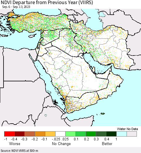 Middle East and Turkey NDVI Departure from Previous Year (VIIRS) Thematic Map For 9/6/2023 - 9/13/2023