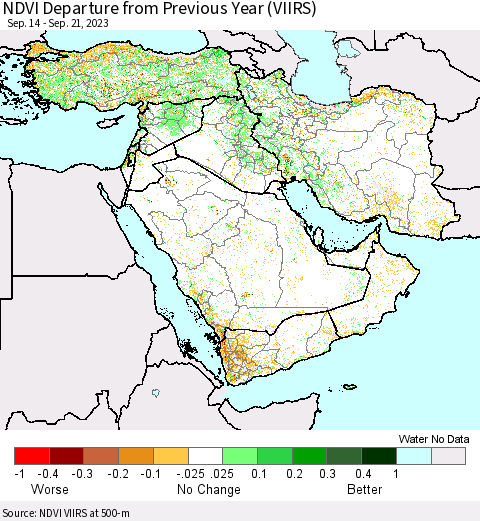 Middle East and Turkey NDVI Departure from Previous Year (VIIRS) Thematic Map For 9/14/2023 - 9/21/2023