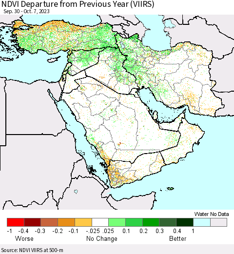 Middle East and Turkey NDVI Departure from Previous Year (VIIRS) Thematic Map For 9/30/2023 - 10/7/2023