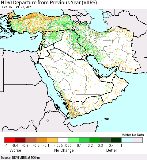 Middle East and Turkey NDVI Departure from Previous Year (VIIRS) Thematic Map For 10/16/2023 - 10/23/2023