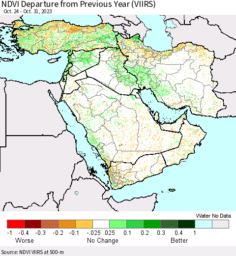 Middle East and Turkey NDVI Departure from Previous Year (VIIRS) Thematic Map For 10/24/2023 - 10/31/2023