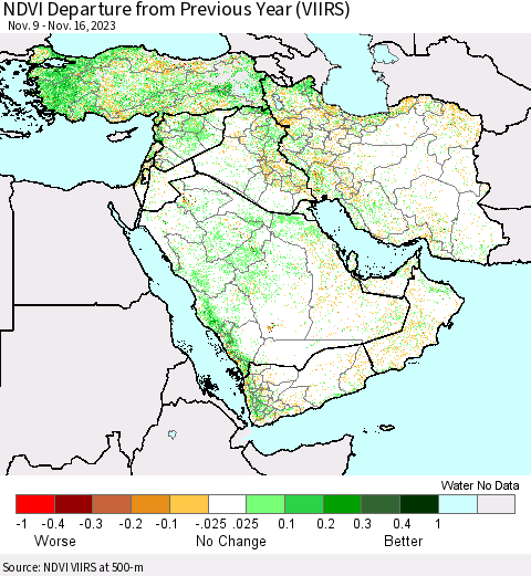 Middle East and Turkey NDVI Departure from Previous Year (VIIRS) Thematic Map For 11/9/2023 - 11/16/2023