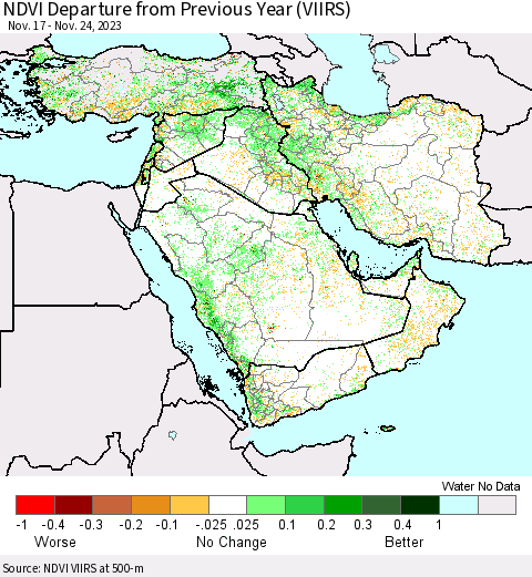 Middle East and Turkey NDVI Departure from Previous Year (VIIRS) Thematic Map For 11/17/2023 - 11/24/2023