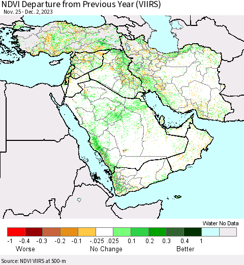 Middle East and Turkey NDVI Departure from Previous Year (VIIRS) Thematic Map For 11/25/2023 - 12/2/2023