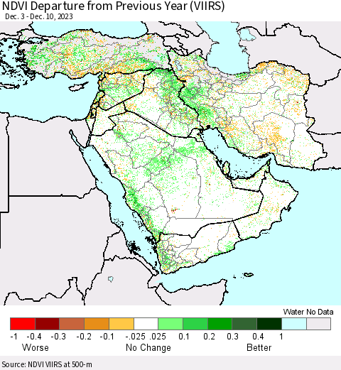 Middle East and Turkey NDVI Departure from Previous Year (VIIRS) Thematic Map For 12/3/2023 - 12/10/2023